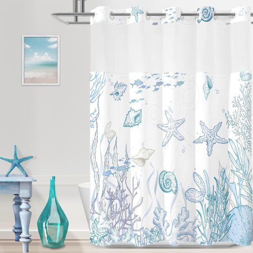 No Hook Shower Curtain with Snap in Liner, Beach Ocean Nautical Coastal Shower Curtains and Liner Set for Bathroom, Seashell Hotel Fabric Bath Curtain, Waterproof Washable, Blue 71" x 74"