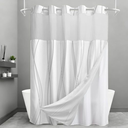 No Hook Shower Curtain and Liner Set, Grey Striped Shower Curtains with Snap in Fabric Liner, Hotel Ringless Waterproof Washable with See Through Top Window, 71" x 74"