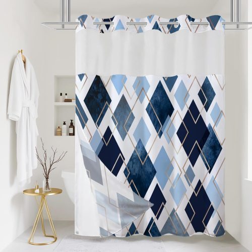 No Hook Shower Curtain with Snap in Liner, Blue Abstract Geometric 71"x74" | with Snap in Liner Replacement, Mesh Top Window, Waterproof, Machine Washable, 3 in 1, Ringless,