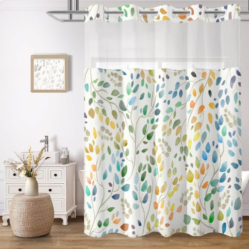 No Hook Shower Curtain with Snap in Liner Set, Boho Colorful Leaves Design, Waterproof Washable Fabric Floral Shower Curtains for Bathroom Decor with See Through Mesh Top Window 71x74 Inch