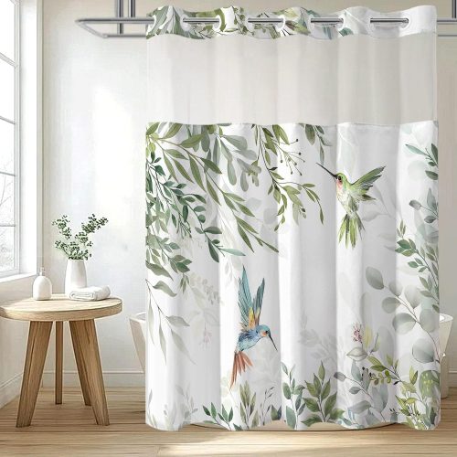 CTSEV-AP-1774_1 No Hook Shower Curtain with Snap in Liner Set, Green Hummingbird Eucalyptus Design, Waterproof Fabric Floral Shower Curtains for Bathroom Decor with See Through Mesh Top Window 71x74 Inch