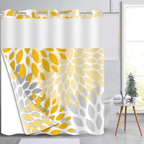 CTSEV-AP-1790_1 No Hook Shower Curtain with Liner Yellow Floral Set for Bathroom 71x74 Inch | Double-layer Waterproof Fabric Removable Lining Hookless Easy to Install Machine Washable with See Through Top Window Yellow