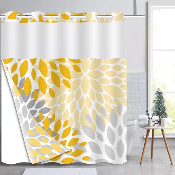 CTSEV-AP-1790_1 No Hook Shower Curtain with Liner Yellow Floral Set for Bathroom 71x74 Inch | Double-layer Waterproof Fabric Removable Lining Hookless Easy to Install Machine Washable with See Through Top Window Yellow