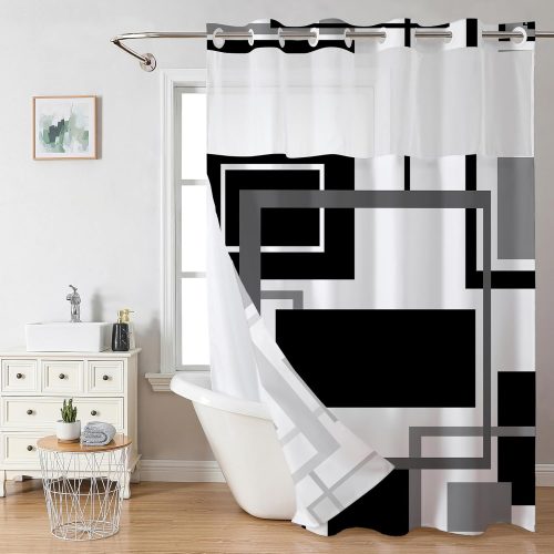 CTSEV-AP-1799_1 No Hook Shower Curtain Black Geometric Shower Curtains with Snap in Liner Set Waterproof Polyester Shower Curtains Checkered Vintage Hookless Shower Curtain for Bathroom Tub, 72" X 75"