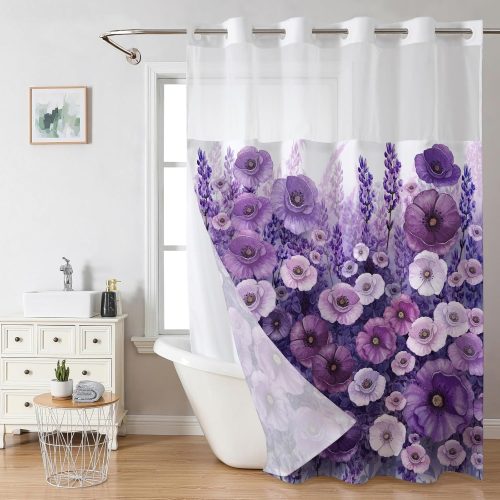 Purple Floral No Hook Shower Curtain with Snap in Liner- Elegant Flowers Oil Painting Shower Curtains for Bathroom- Fabric Inner Liner, Boho Bath Curtains- Machine Washable, 71 x 74