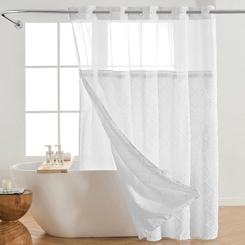 No Hook Boho Shower Curtain and Snap in Liner Set, White Chic Textured Tufted Chevron Geometric Cloth Double Layers Waterproof Washable Fabric Mesh Top Window Bath Curtain 71x74 Inch