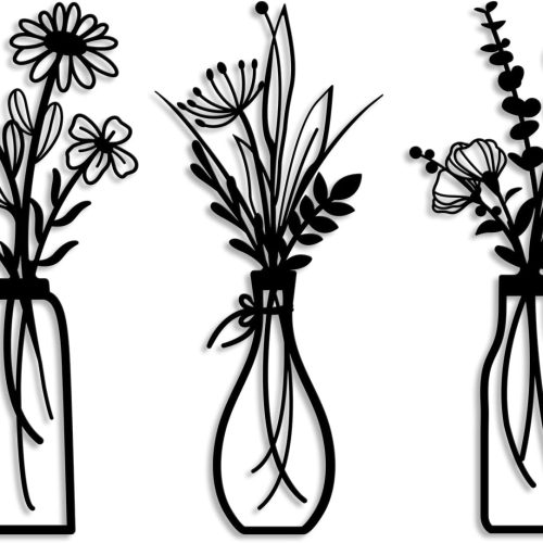 CTSEV-AP-5311565606411_1 Pigort 3 Pieces Metal Flowers Wall Arts - Rustic Farmhouse Decor Black Minimalist Flower Wall Decors for Living room Bathroom Bedroom Dining Room - Housewarming Gifts(Black, Vase-C)