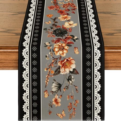 CTSEV-AP-758_1 Artoid Mode Black Printed Lace Floral 210 GSM Halloween Table Runner, Holiday Kitchen Dining Table Decoration for Home Party Decor 13x72 Inch