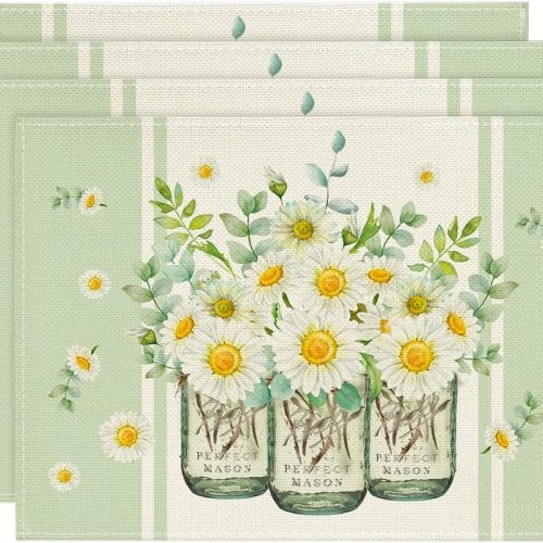 CTSEV-AP-886_1 Artoid Mode Eucalyptus Leaves Daisy Vase Placemats for Dining Table, 12 x 18 Inch Spring Easter Summer Seasonal Holiday Decoration Rustic Vintage Washable Table Mats Set of 4 Green