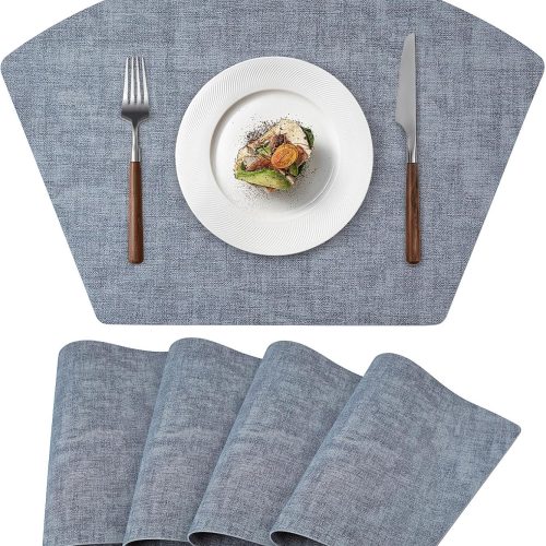 Round Table Placemats Set of 4, Faux Leather Wedge Shape Place Mats Heat Resistant Wipeable Washable Table Mats for Dining Outdoor Indoor, Blue