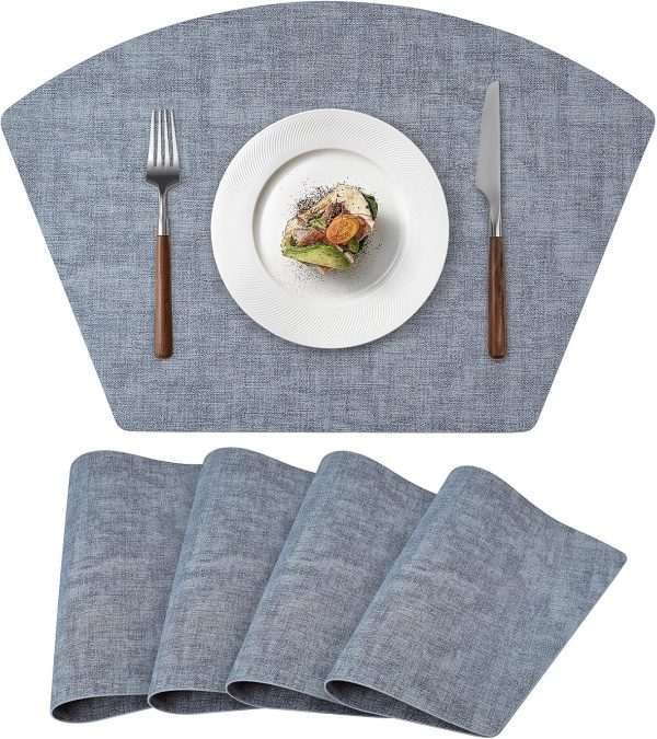 Round Table Placemats Set of 4, Faux Leather Wedge Shape Place Mats Heat Resistant Wipeable Washable Table Mats for Dining Outdoor Indoor, Blue