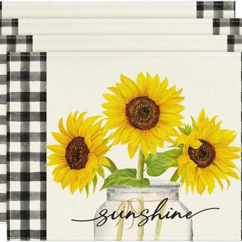 Artoid Mode Buffalo Plaid Sunflower Sunshine Vase Summer Placemats Set of 4, 12x18 Inch Spring Table Mats for Party Kitchen Dining Decoration