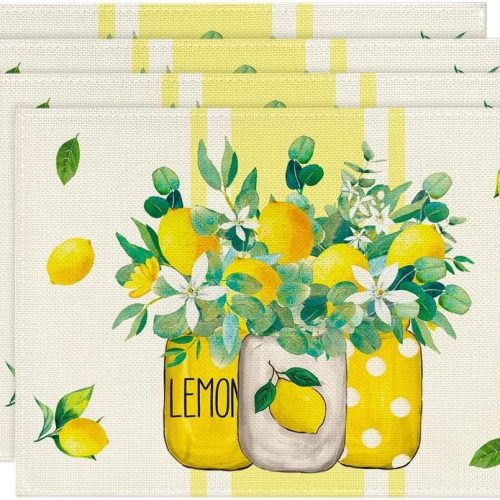 CTSEV-AP-937_1 Artoid Mode Yellow Stripes Vase Lemon Summer Placemats Set of 4, 12x18 Inch Seasonal Spring Table Mats for Party Kitchen Dining Decoration