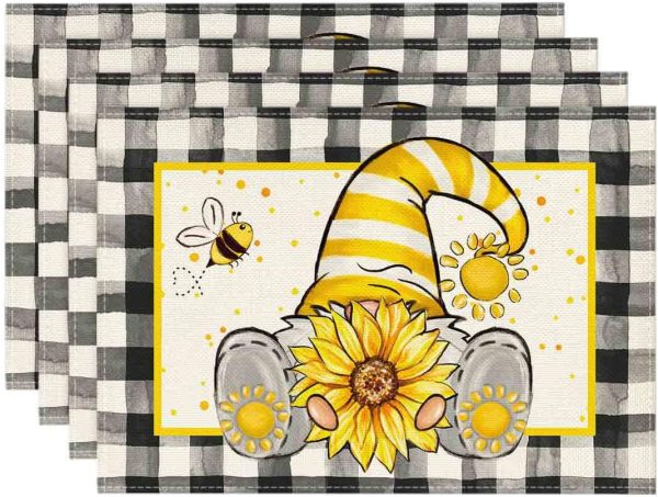 CTSEV-AP-964_1 Artoid Mode Buffalo Plaid Gnome Bee Sunflower Summer Placemats Set of 4, 12x18 Inch Seasonal Spring Table Mats for Party Kitchen Dining Decoration