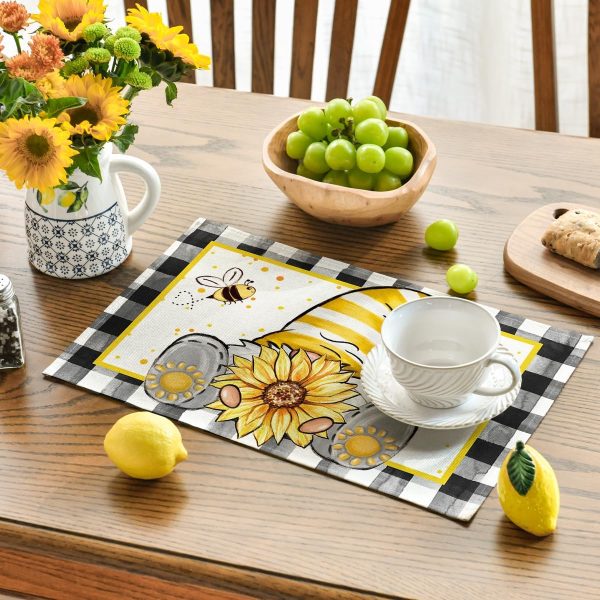 CTSEV-AP-964_3 Artoid Mode Buffalo Plaid Gnome Bee Sunflower Summer Placemats Set of 4, 12x18 Inch Seasonal Spring Table Mats for Party Kitchen Dining Decoration