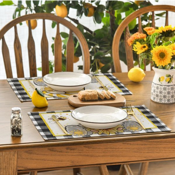 CTSEV-AP-964_4 Artoid Mode Buffalo Plaid Gnome Bee Sunflower Summer Placemats Set of 4, 12x18 Inch Seasonal Spring Table Mats for Party Kitchen Dining Decoration