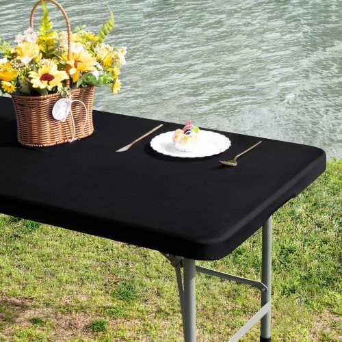 CTSEV-AP-S83840_1 Rectangle 4ft Fitted Table Cover Elastic Tablecloth, Black 23x48 in | Fitted Tablecloth with Elastic, Stretch Spandex Patio Table Covers Washable for Dining, Indoor, Outdoor, Party, Camping