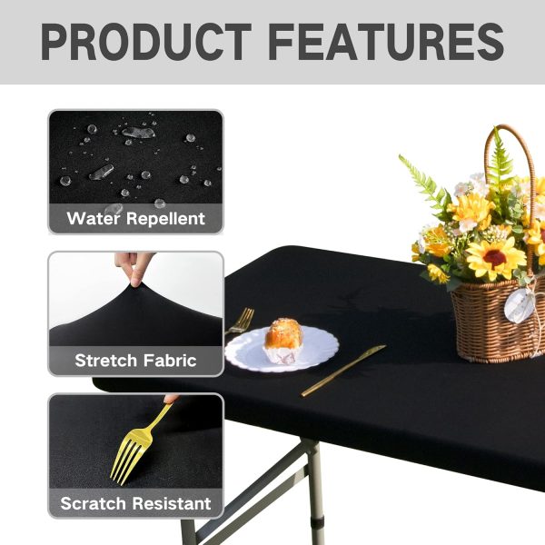 CTSEV-AP-S83840_4 Rectangle 4ft Fitted Table Cover Elastic Tablecloth, Black 23x48 in | Fitted Tablecloth with Elastic, Stretch Spandex Patio Table Covers Washable for Dining, Indoor, Outdoor, Party, Camping