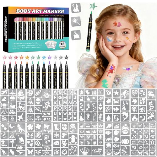 Temporary Tattoo Markers for Skin, 12 Metallic Body Markers + 183PCS Tattoo Stencils for Kids Adults Women Men Body Face Painting Marker Set, Cosmetic Tattoos Pens for School Show Party Christmas Gift