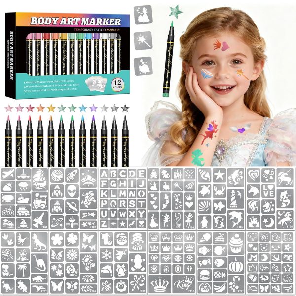Temporary Tattoo Markers for Skin, 12 Metallic Body Markers + 183PCS Tattoo Stencils for Kids Adults Women Men Body Face Painting Marker Set, Cosmetic Tattoos Pens for School Show Party Christmas Gift
