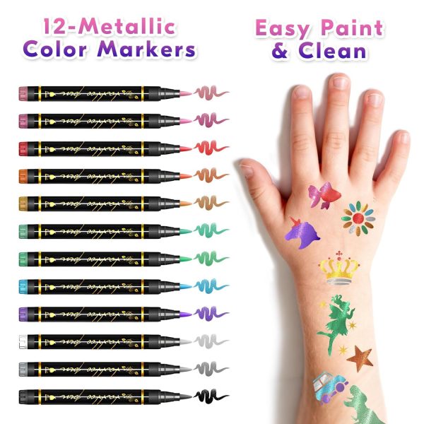 Temporary Tattoo Markers for Skin, 12 Metallic Body Markers + 183PCS Tattoo Stencils for Kids Adults Women Men Body Face Painting Marker Set, Cosmetic Tattoos Pens for School Show Party Christmas Gift