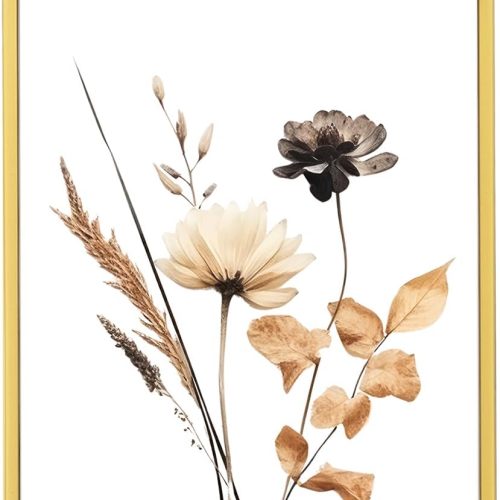 4x6 Gold Floating Picture Frames, Double Glass Hanging Frame for Pressed Flower, Vintage Brass Photo Frame with Metal Chain for Wall Mount, Small Vertical Clear Frame for Artwork Display Gallery Home