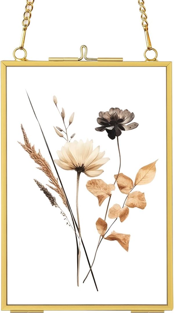 4x6 Gold Floating Picture Frames, Double Glass Hanging Frame for Pressed Flower, Vintage Brass Photo Frame with Metal Chain for Wall Mount, Small Vertical Clear Frame for Artwork Display Gallery Home