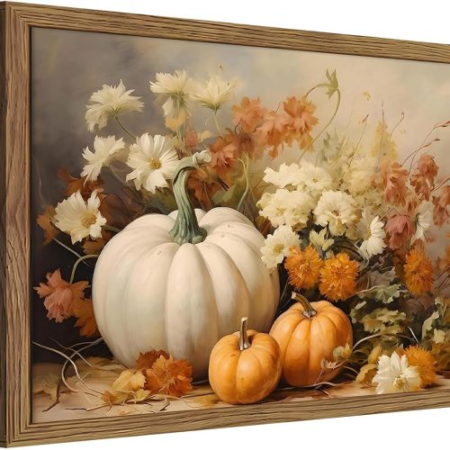 Framed Fall Pumpkin Wall Art - White Pumpkin and Autumn Floral Canvas Print, Rustic Farmhouse Harvest Halloween Thanksgiving Wall Decor for Living Room Bedroom Dining Room, 8x10in Wood Frame