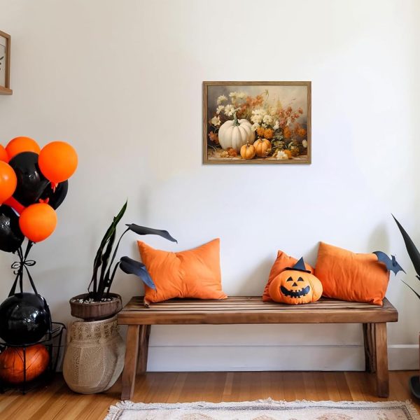 Framed Fall Pumpkin Wall Art - White Pumpkin and Autumn Floral Canvas Print, Rustic Farmhouse Harvest Halloween Thanksgiving Wall Decor for Living Room Bedroom Dining Room, 8x10in Wood Frame