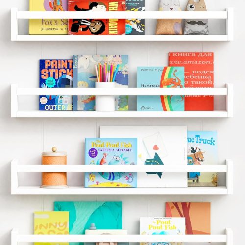 Forbena 24 Inch Wall Bookshelf for Kids Bedroom Set of 4, White Floating Nursery Book Shelves for Baby Toddler Children Girls Boys Room Decor, Large Wood Wall Mount Bookshelves and Toy Storage