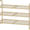 WF0464MAX_1 Simple Trending 3-Tier Stackable Shoe Rack, Expandable & Adjustable Shoe Shelf Storage Organizer, Metal Mesh, Gold
