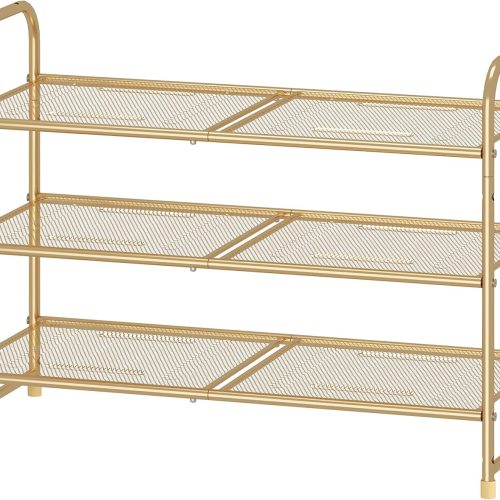 Simple Trending 3-Tier Stackable Shoe Rack, Expandable & Adjustable Shoe Shelf Storage Organizer, Metal Mesh, Gold