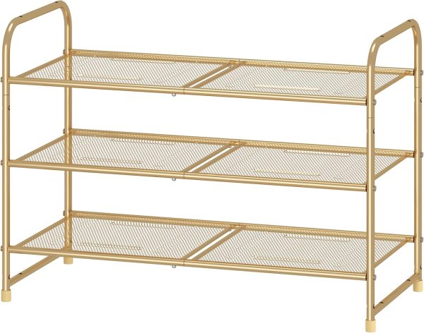 WF0464MAX_1 Simple Trending 3-Tier Stackable Shoe Rack, Expandable & Adjustable Shoe Shelf Storage Organizer, Metal Mesh, Gold