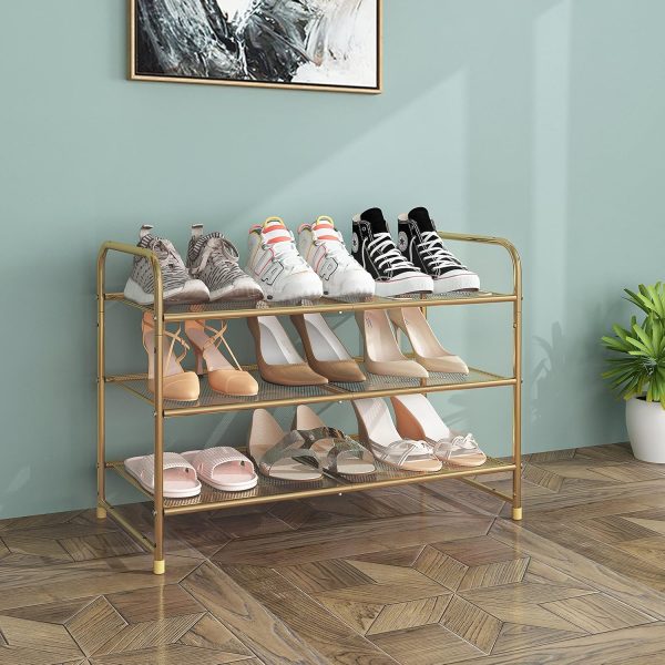 WF0464MAX_2 Simple Trending 3-Tier Stackable Shoe Rack, Expandable & Adjustable Shoe Shelf Storage Organizer, Metal Mesh, Gold