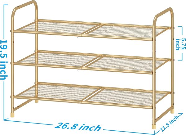 WF0464MAX_3 Simple Trending 3-Tier Stackable Shoe Rack, Expandable & Adjustable Shoe Shelf Storage Organizer, Metal Mesh, Gold