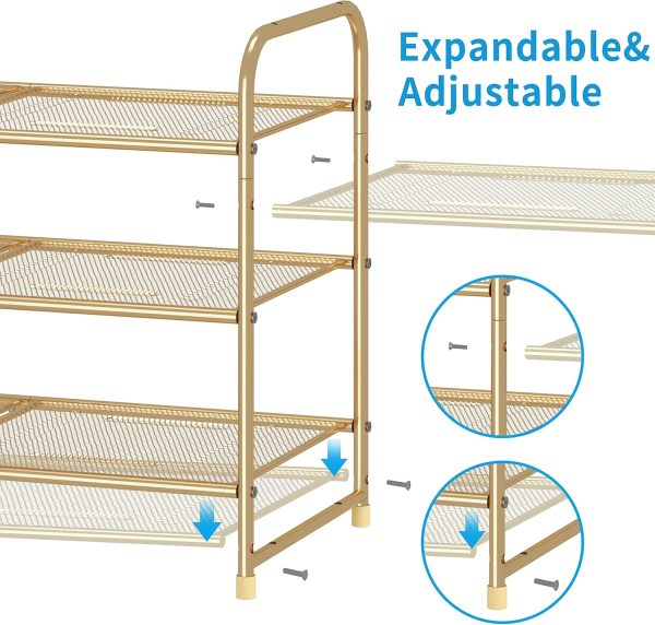 WF0464MAX_4 Simple Trending 3-Tier Stackable Shoe Rack, Expandable & Adjustable Shoe Shelf Storage Organizer, Metal Mesh, Gold