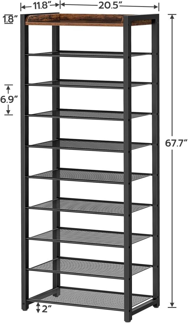 HOOBRO 10 Tier Shoe Rack, Large Capacity Shoe Storage for 18-20 Pairs, Sturdy Metal Shoe Shelf for Closet Entryway, Space Saving Shoe Organizer for Sneakers Heels, Rustic Brown BF40XJ01