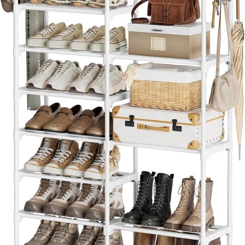WOWLIVE 9 Tier 2-Column Shoe Rack, 30-35 Pairs Stackable White | Compact 33.75in long fits narrow spaces. Removable layers for boots/heels. Split design for flexible layout.