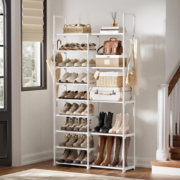 WOWLIVE 9 Tier 2-Column Shoe Rack, 30-35 Pairs Stackable White | Compact 33.75in long fits narrow spaces. Removable layers for boots/heels. Split design for flexible layout.