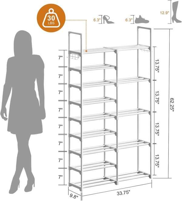 WOWLIVE 9 Tier 2-Column Shoe Rack, 30-35 Pairs Stackable White | Compact 33.75in long fits narrow spaces. Removable layers for boots/heels. Split design for flexible layout.