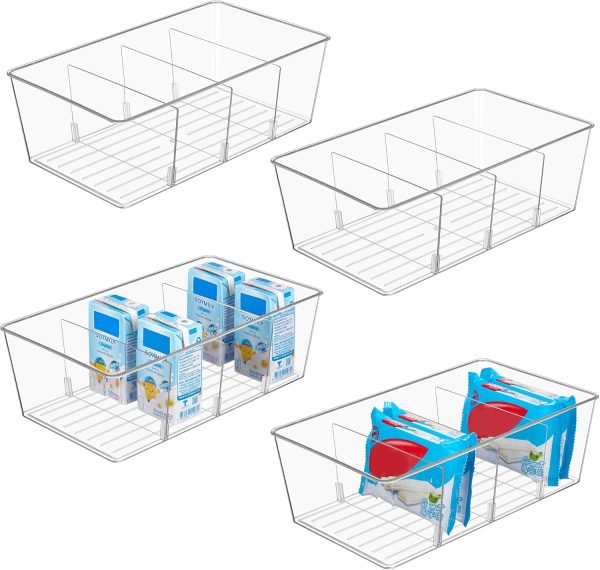 WF0546MAX_1 Vtopmart 4 Pack Food Storage Organizer Bins, Clear Plastic, 4 Compartments | For Pantry, Kitchen, Fridge and Cabinet Organization, Organize Food Packets, Snacks, Pouches and Spice Packets