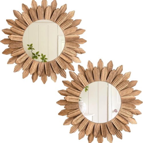 WF0623MAX_1 LOSOUR 2 Pack Boho Wall Decor Sunburst Mirror 12 inch Rustic Round Wood Mirror Boho Mirror Farmhouse wall Decor for Bedroom Living Room Entryway