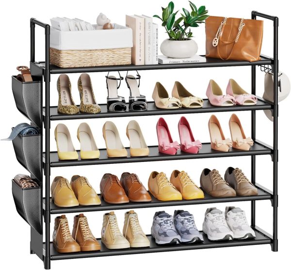 WF0729MAX_1 VILICK 5 Tier Shoe Rack with Hook and Side Pocket,Shoe Organizer Space Saver Storage for 20-25 Pair Shoe Storage Shelf Sturdy Free Standing Long Shoe Rack Organizer for Closet,Entryway,Small Spaces