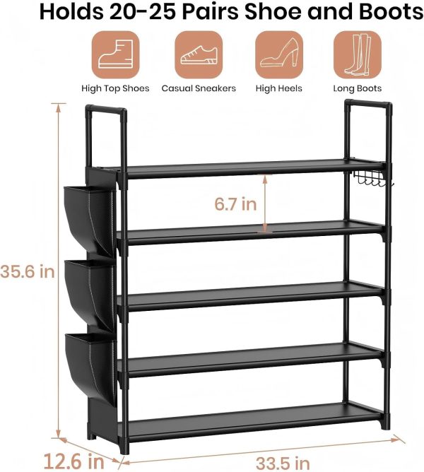 WF0729MAX_3 VILICK 5 Tier Shoe Rack with Hook and Side Pocket,Shoe Organizer Space Saver Storage for 20-25 Pair Shoe Storage Shelf Sturdy Free Standing Long Shoe Rack Organizer for Closet,Entryway,Small Spaces