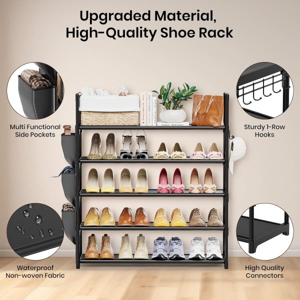 WF0729MAX_4 VILICK 5 Tier Shoe Rack with Hook and Side Pocket,Shoe Organizer Space Saver Storage for 20-25 Pair Shoe Storage Shelf Sturdy Free Standing Long Shoe Rack Organizer for Closet,Entryway,Small Spaces