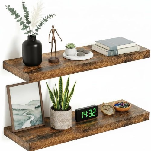 Vivelove Floating Shelves for Wall, 24 inch Wall Shelves for Bathroom Bedroom, Living Room, Kitchen, Office, Rustic Farmhouse Shelf Decor with Invisible Bracket, 24x9x1.6, Set of 2, Rustic Brown