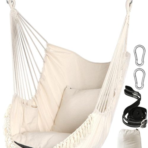 Chihee Hammock Chair Hanging Swing 2 Pillows Included,Strong Webbing Straps and Hooks for Easy Hanging Soft Cotton Hanging Chair Side Pocket Tassel Chair Comfort Indoor Outdoor