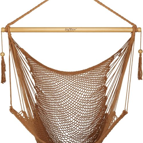JoyView Hammock Chair with Spreader Bar Caribbean Hammock Swing Chair 300 LBS Weight Capacity XL Rope Hanging Chair for Outdoor Indoor Garden Yard - Brown