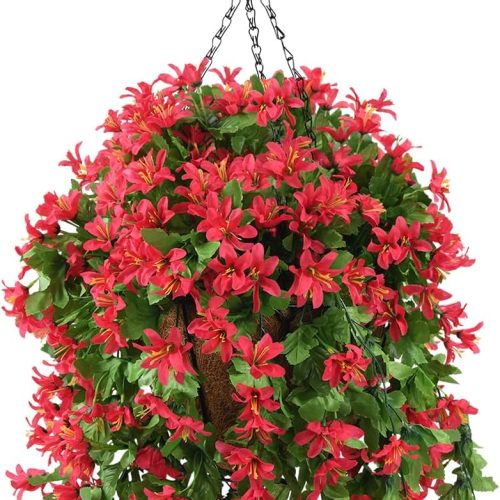 WF0973MAX_1 INQCMY Artificial Fake Hanging Plants Flowers Basket for Spring Summer Outdoor Outside Porch Decoration,UV Resistant Faux Silk Violet in Planter for Home Patio Balcony Garden Yard Decor(Red)