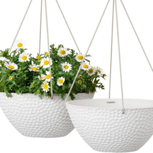WF0976MAX_1 LA JOLIE MUSE Hanging Planters for Outdoor Plants, Large Hanging Planter with Drain Holes, Outdoor Hanging Flower Pots, White Stone, Honeycomb (13.2 Inch, Set of 2)